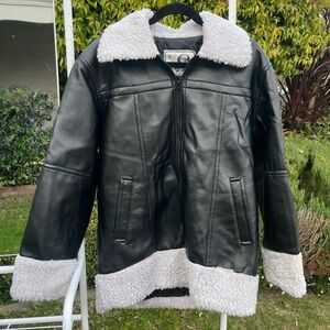 Black Faux Leather Aviator Jacket with White Sherpa Trim